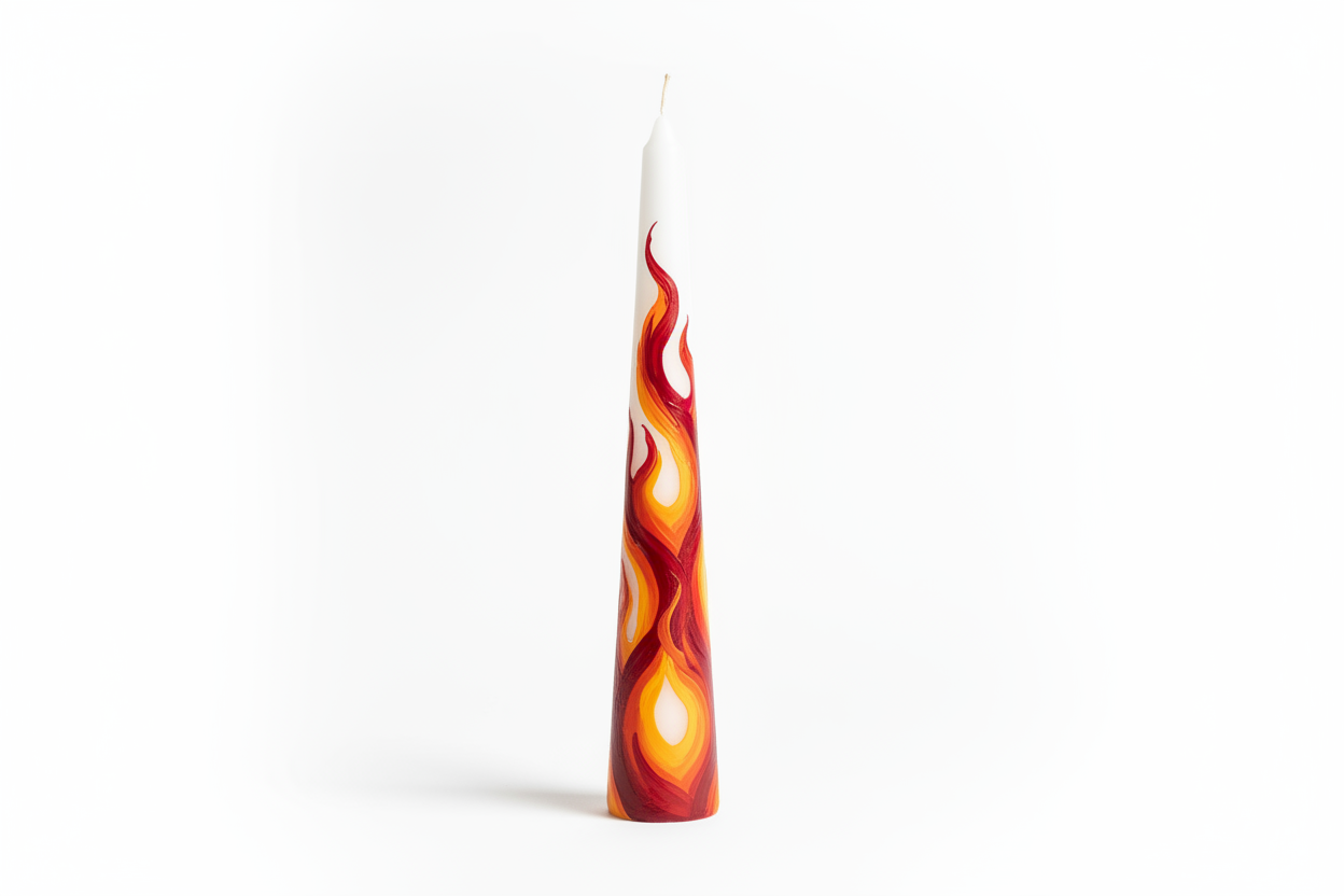 tapered candle with flames painted on candle